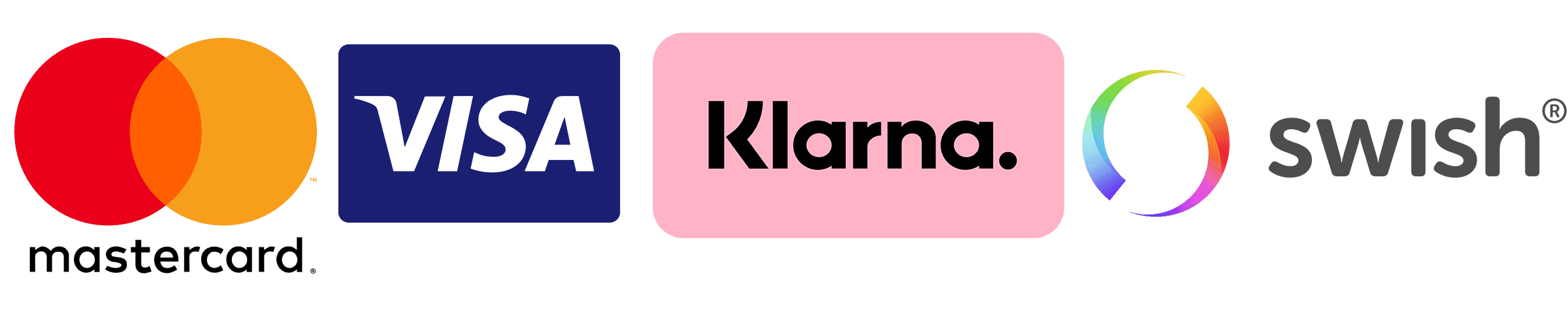 Betalningsmetoder: Mastercard, Visa, Klarna, Swish